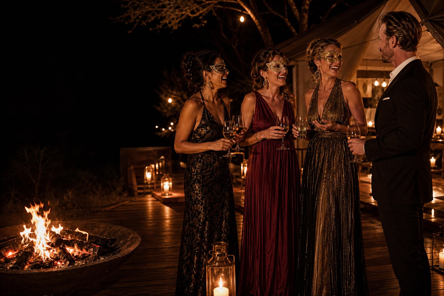 Glamorous adult guests at a private masquerade evening at a Kalahari safari camp
