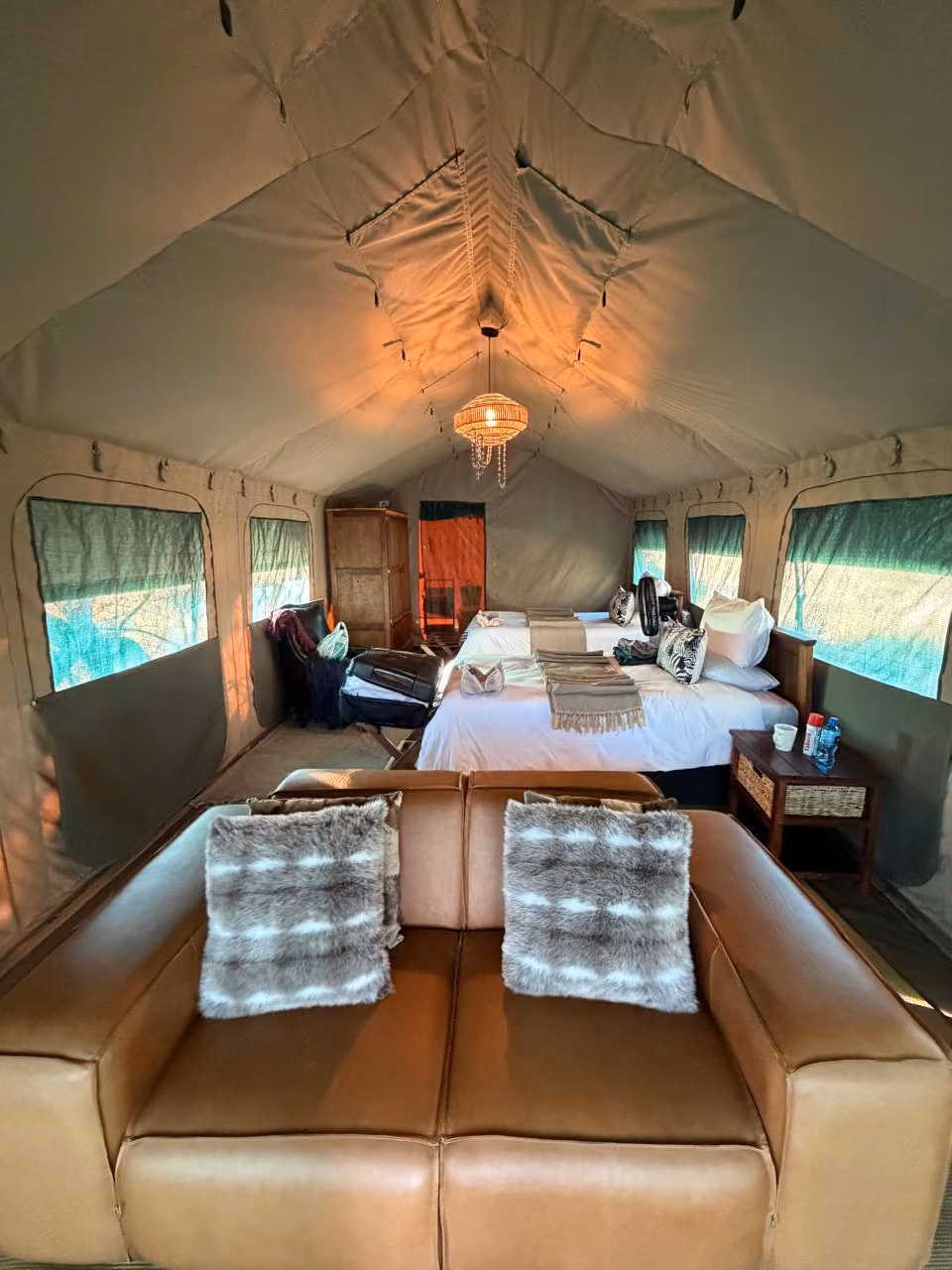 Prepared interior of a Botswana safari tent