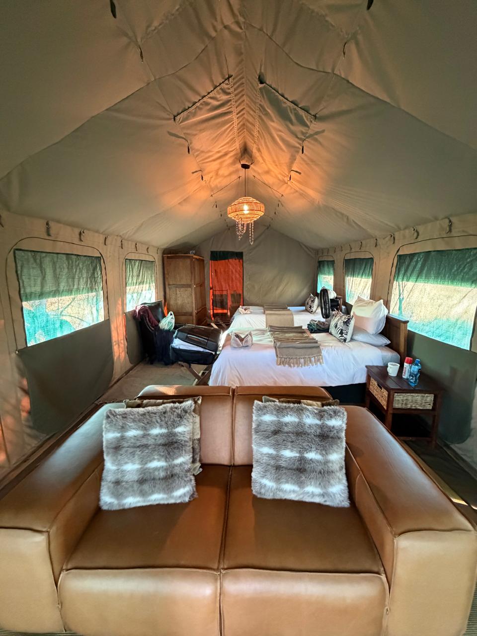 Prepared interior of a Botswana safari tent